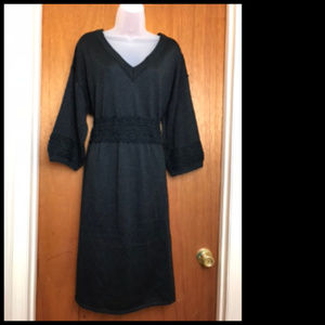 Black Stretch Knit Dress With Silver Metallic Thread & Lace Details Size M